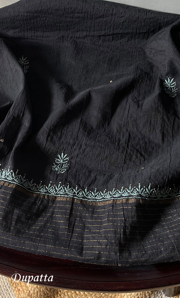 Women's Lakhnavi Handcrafted Unstitched Mul Chanderi Kurta And Dupatta Set - HONC0280875