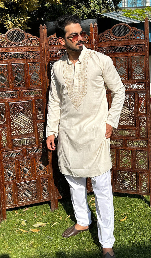 Men's Lucknowi Handcrafted Cotton Chikankari Kurta - HONC0342339