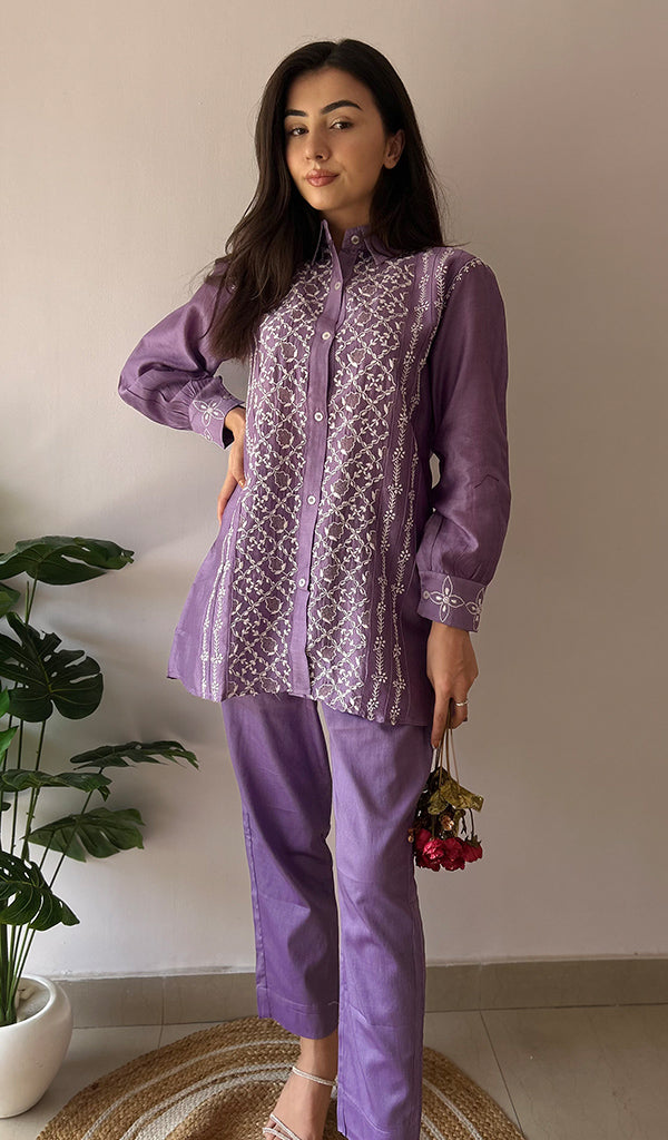 Sarah Women's Lakhnavi Handcrafted Chanderi Silk Chikankari Top And Pant Set - HONC0343880