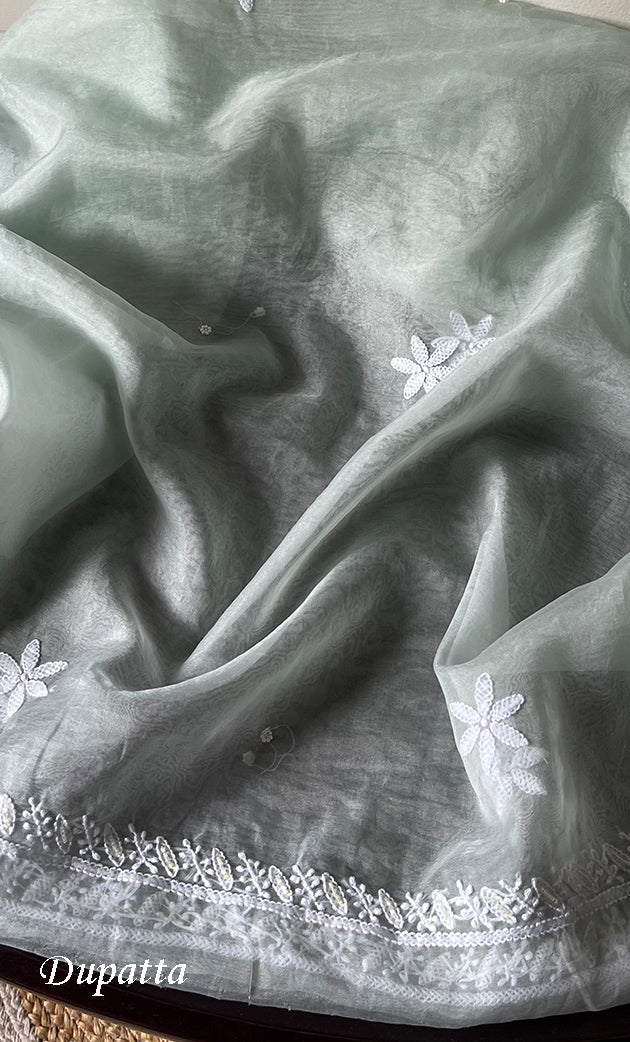 Women's Lakhnavi Handcrafted Organza Chikankari Unstitched Full Suit Material - HONC0270896