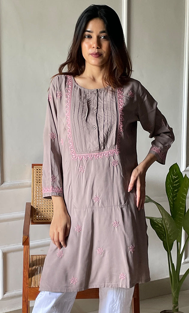 Women's Lucknowi Handcrafted  Modal Cotton Chikankari Top - HONC0297615