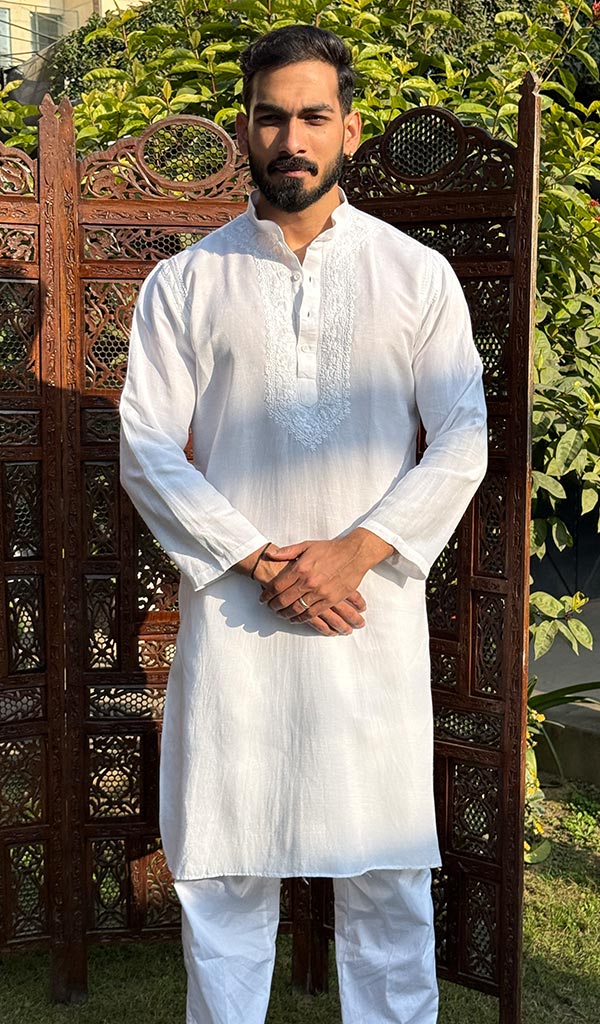 Men's Lucknowi Handcrafted Linen Cotton Chikankari Kurta - HONC0253036