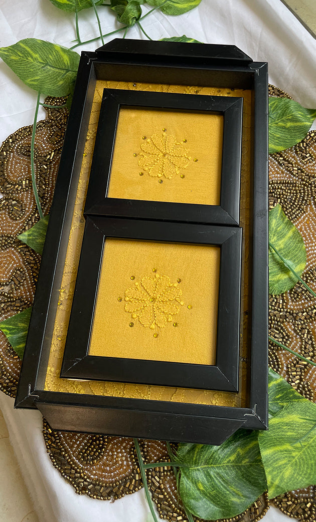 Handcrafted Chikankari Tray with Two Coasters – Wooden Frame - HONC0295548