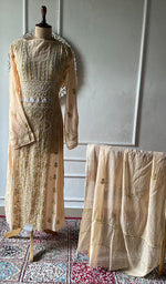 Women's Lakhnavi Handcrafted Mul Chanderi Semi - Stitched Kurta And Dupatta Set - HONC0376011