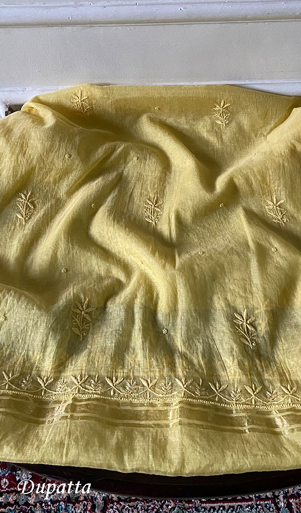 Women's Lakhnavi Handcrafted Mul Chanderi Unstitched Chikankari Full Suit Material - HONC0345051