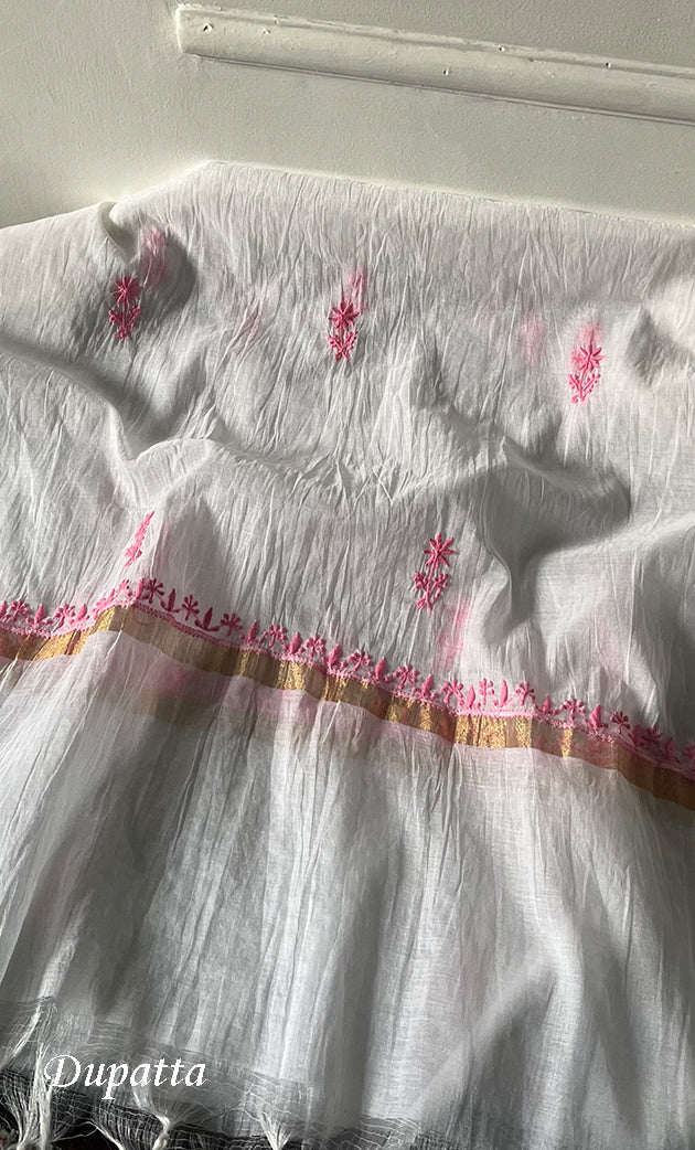 Women's Lakhnavi Handcrafted Mul Chanderi Unstitched Chikankari Kurta And Dupatta Set - HONC0321889