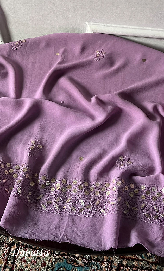 Women's Lakhnavi Handcrafted Viscose Georgette Semi - Stitched Chikankari Anarkali  3pc Set - HONC0321813