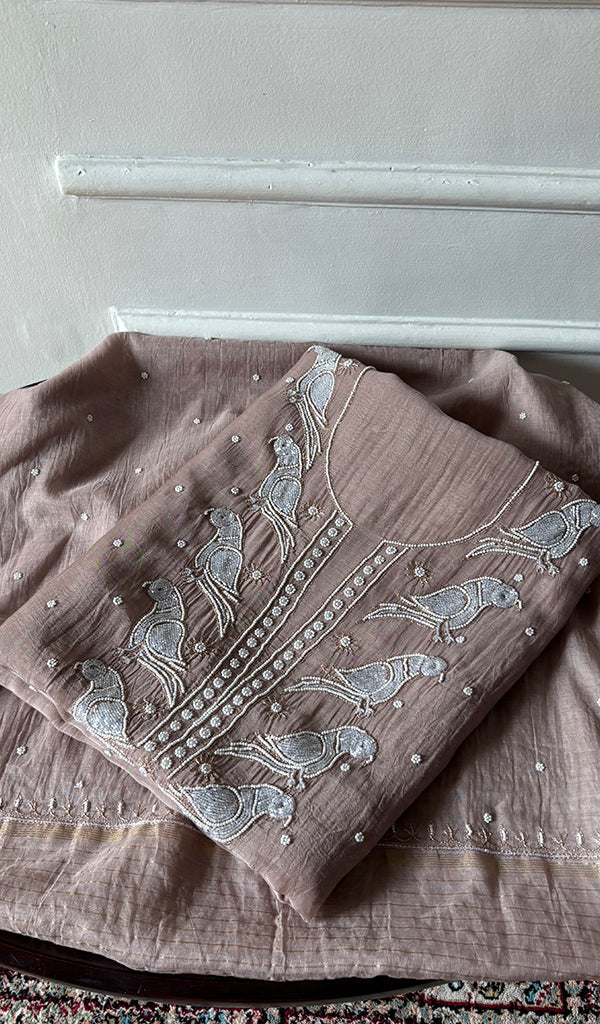 Chidiya Women's Lakhnavi Handcrafted Mul Chanderi Unstitched Chikankari Full Suit - HONC0349588