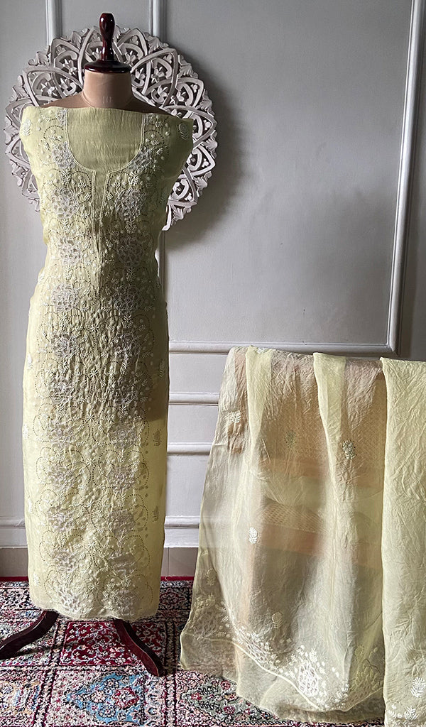 Women's Lakhnavi Handcrafted Pure Organza Chikankari Unstitched Kurta And Dupatta Set- HONC0331155
