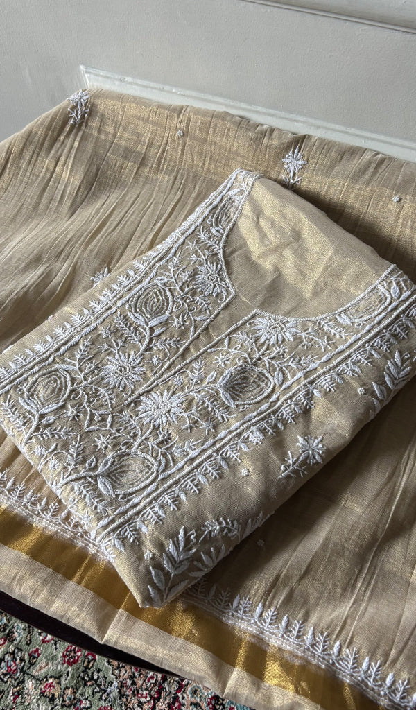 Women's Lakhnavi Handcrafted Tissue Chanderi Unstitched Chikankari Kurta And Dupatta Set - HONC0347707