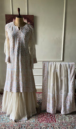 将图像加载到图库查看器中， Women's Lakhnavi Handcrafted Pure Silk Georgette Chikankari Semi - stitched Kurta ,Dupatta And Gharara Set- HONC0272801