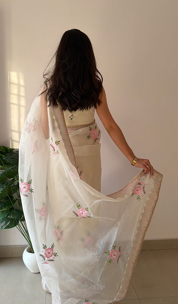 Zunaira Women's Lucknowi Handcrafted Pure Organza Silk Chikankari Saree - HONC0379177