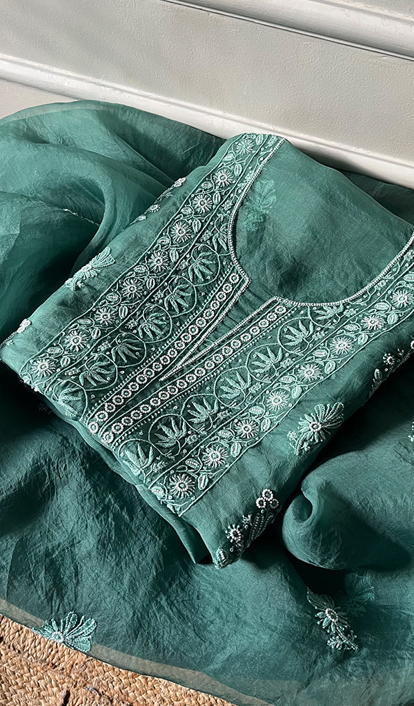 Women's Lakhnavi Handcrafted Pure Organza Chikankari Unstitched Kurta And Dupatta Set- HONC0268165
