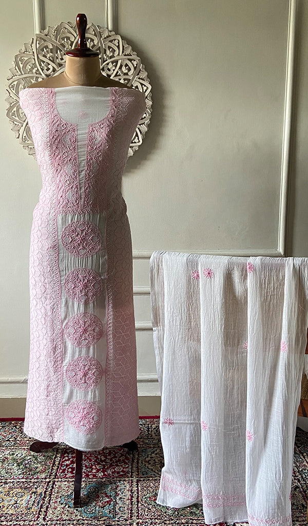 Women's Lakhnavi Handcrafted Mul Chanderi Unstitched Kurta And Dupatta Set - HONC0317226