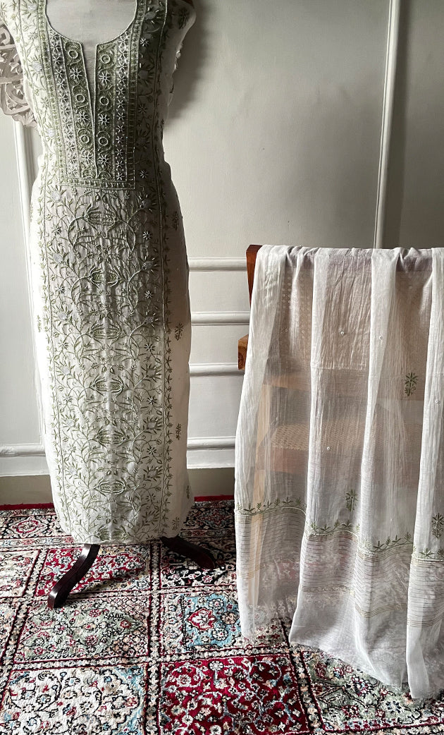 Women's Lakhnavi Handcrafted Unstitched Mul Chanderi Kurta And Dupatta Set - HONC0327487