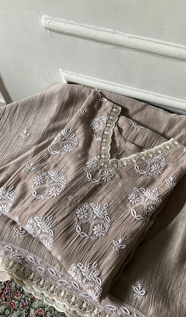 Women's Lakhnavi Handcrafted Mul Chanderi Semi - Stitched Kurta And Dupatta Set - HONC0374243
