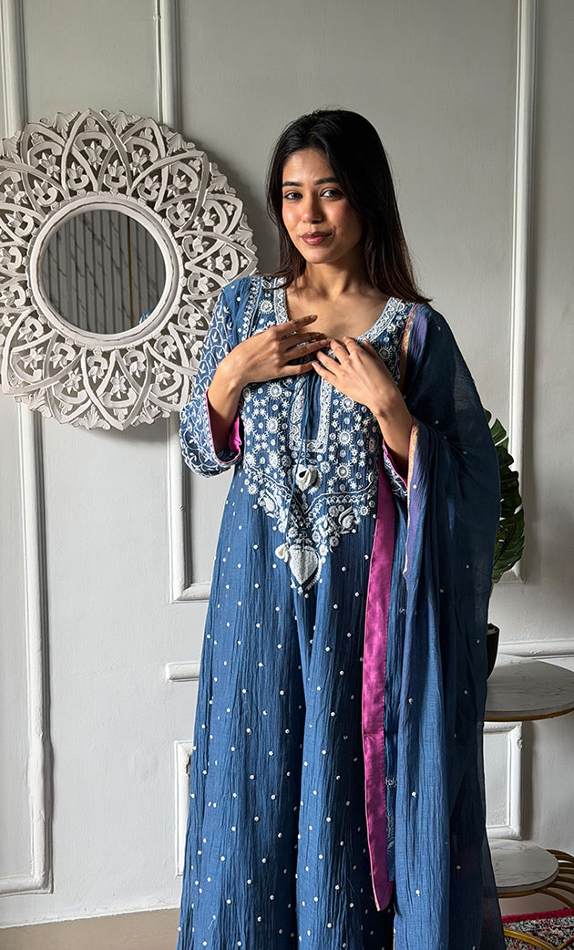 Women's Lakhnavi Handcrafted Mul Chanderi Chikankari Stitched Anarkali, Dupatta And Pant Set - HONC0328257
