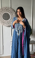 Women's Lakhnavi Handcrafted Mul Chanderi Chikankari Stitched Anarkali, Dupatta And Pant Set - HONC0328257