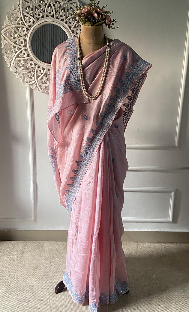 Women's Lakhnavi Handcrafted Tussar Silk Chikankari Saree - HONC0289386