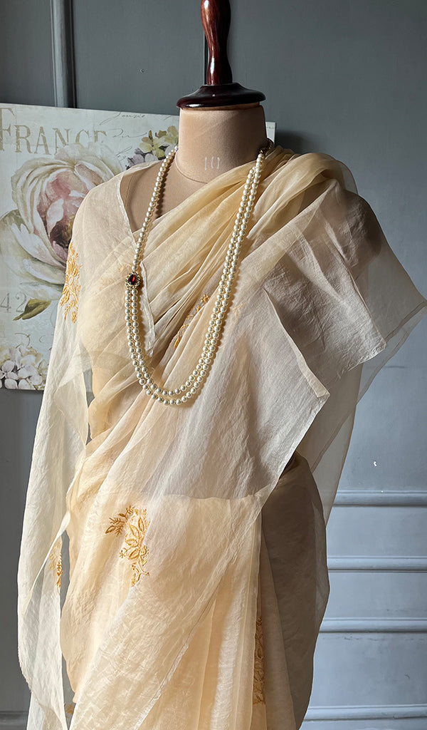 Women's Lucknowi Handcrafted Pure Organza Silk Chikankari Saree - HONC0268557
