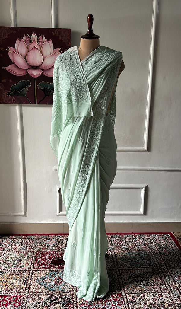 Women's Lakhnavi Handcrafted Viscose Georgette Chikankari Saree - HONC0337526