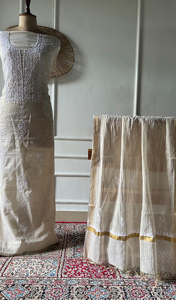 Women's Lakhnavi Handcrafted Tissue Chanderi Unstitched Chikankari Kurta And Dupatta Set - HONC0366814