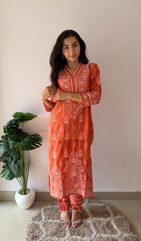 Ziva Women's Lucknowi Handcrafted Mul Chanderi Stitched Chikankari Kurta And Plazzo Set- HONC0378824