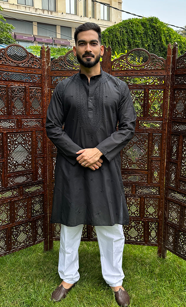 Men's Lucknowi Handcrafted Cotton Chikankari Kurta - HONC0321571