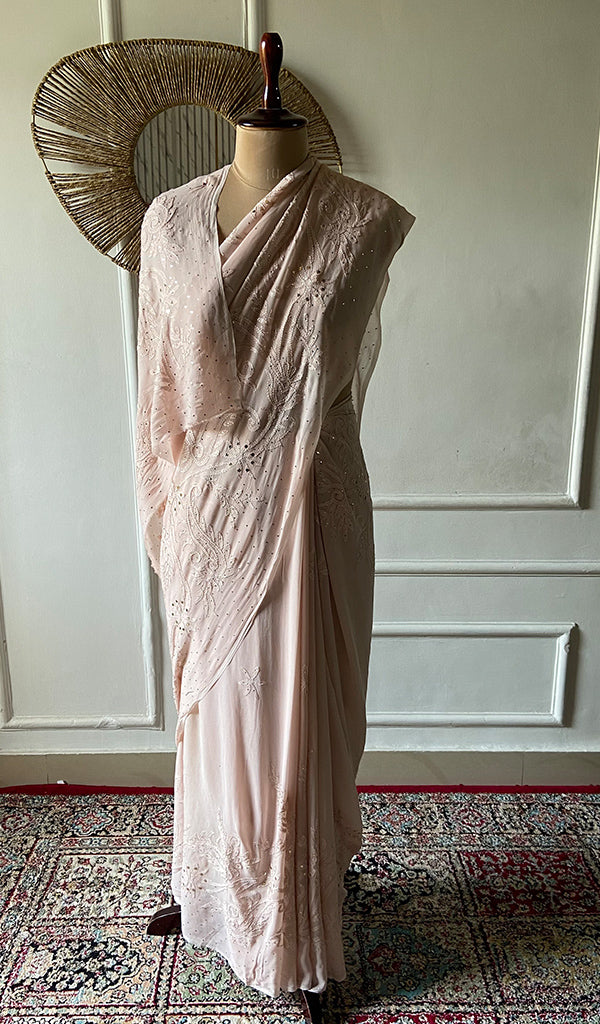 Women's Lakhnavi Handcrafted Viscose Georgette Chikankari Saree - HONC0317909