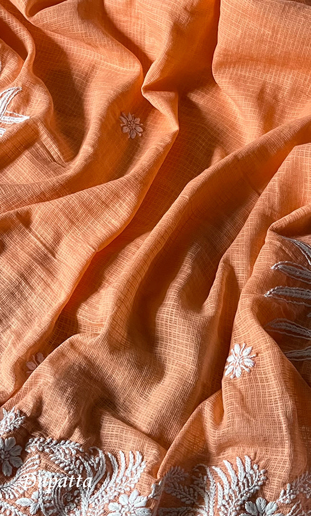 Women's Lucknowi Handcrafted Kota Cotton Chikankari Unstitched Kurta And Dupatta Set - HONC0312643
