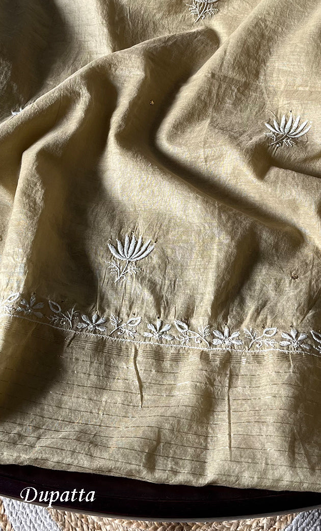 Women's Lakhnavi Handcrafted Mul Chanderi Unstitched Kurta And Dupatta Set - HONC0296493