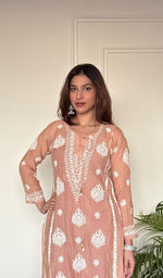 Ira Women's Lucknowi Handcrafted Mul Chanderi Stitched Chikankari Kurta And Plazzo Set .