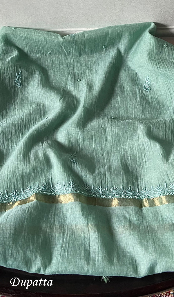 Women's Lakhnavi Handcrafted Mul Chanderi Unstitched Chikankari Full Suit Material - HONC0345043