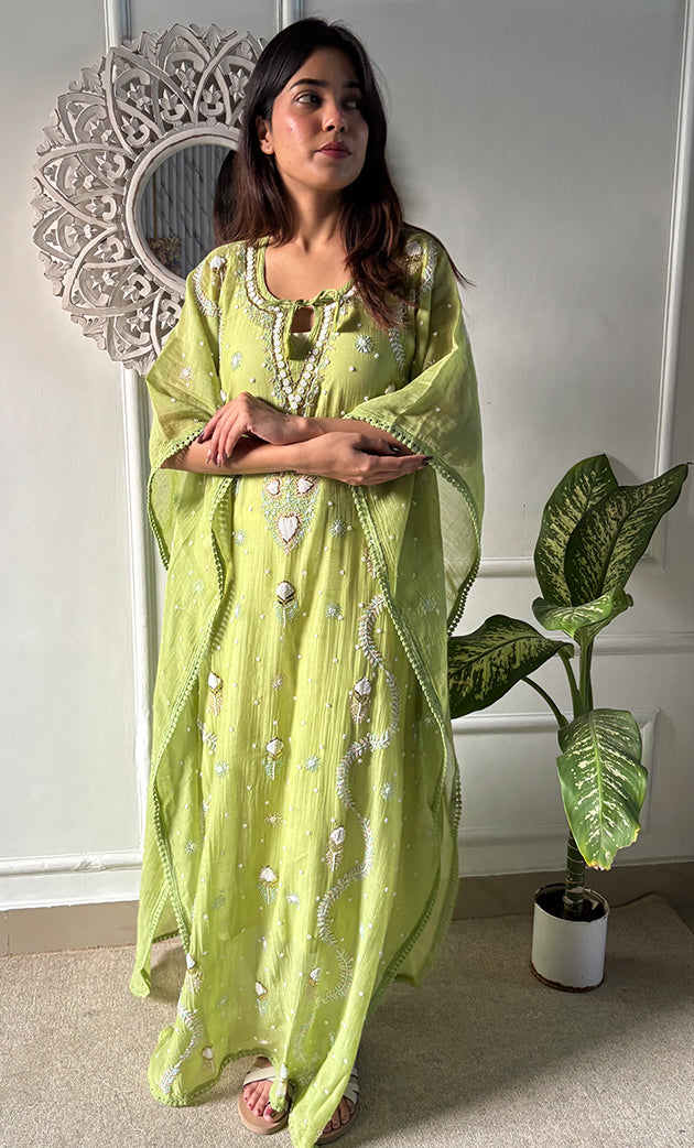 Rabia Women's Lucknowi Handcrafted Mul chanderi Chikankari Kaftan - HONC0311996