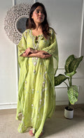 Rabia Women's Lucknowi Handcrafted Mul chanderi Chikankari Kaftan - HONC0311996