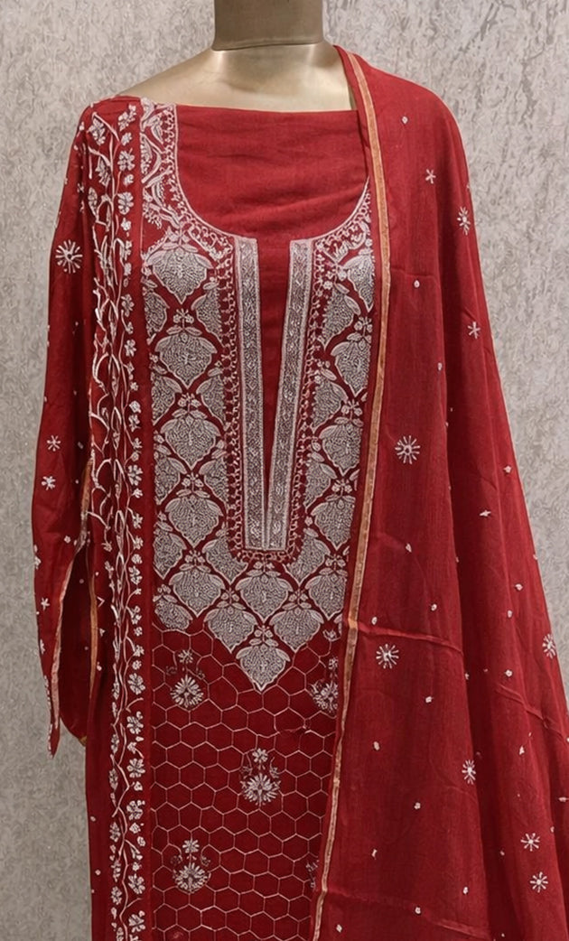Mehar Women's Lakhnavi Handcrafted Mul Chanderi Semi - Stitched Kurta And Dupatta Set - HONC0312363