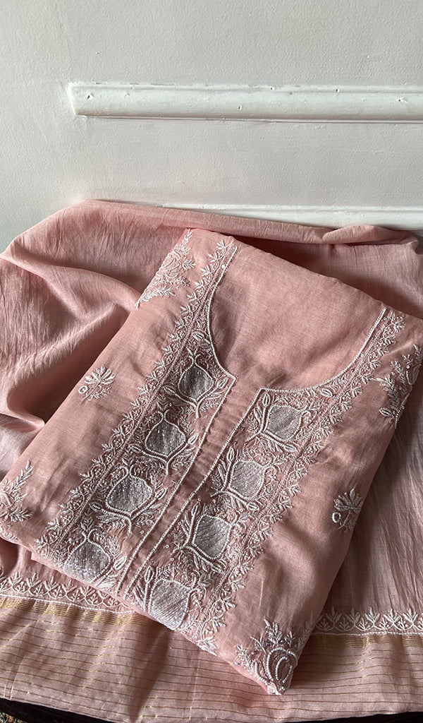 Women's Lakhnavi Handcrafted Mul Chanderi Chikankari Full Suit Material - HONC0334948