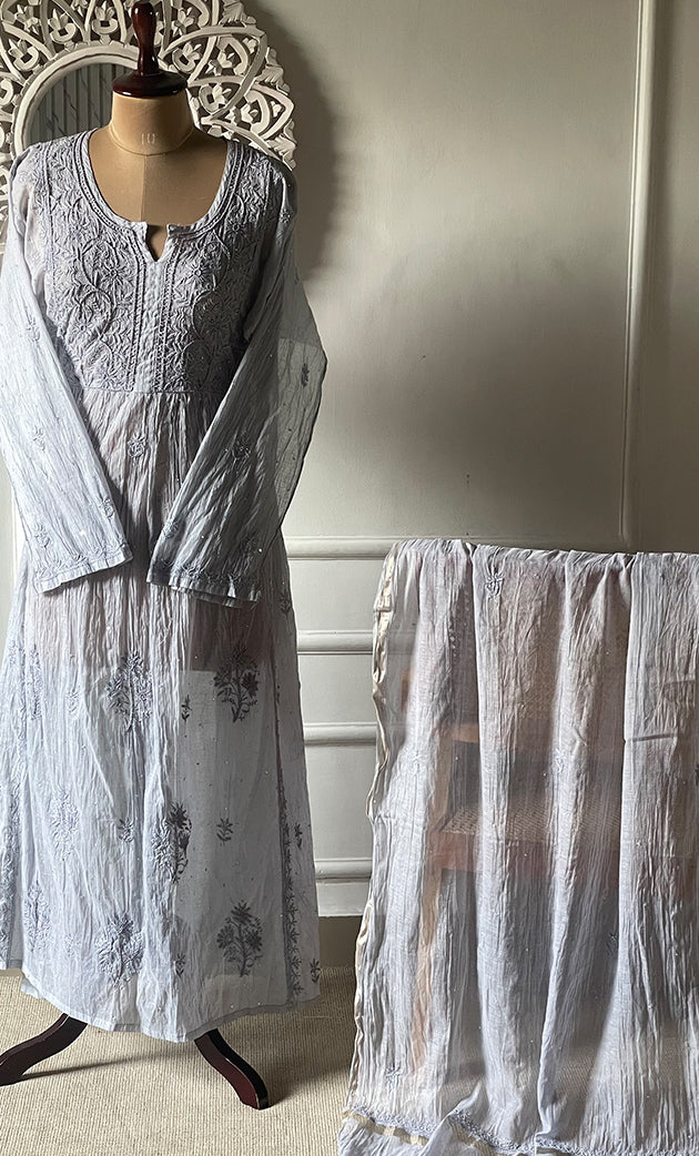 Women's Lakhnavi Handcrafted Mul Chanderi Semi - stitched Chikankari Full Suit Material - HONC0319558