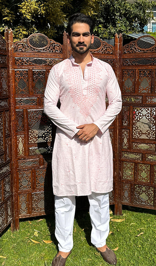 Men's Lucknowi Handcrafted Cotton Chikankari Kurta - HONC0329854