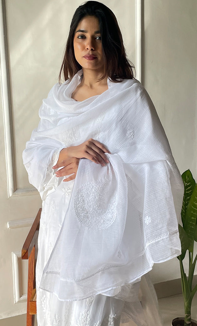 Nazm Women's Lucknowi Handcrafted Kota Cotton Chikankari Dupatta - HONC0291183