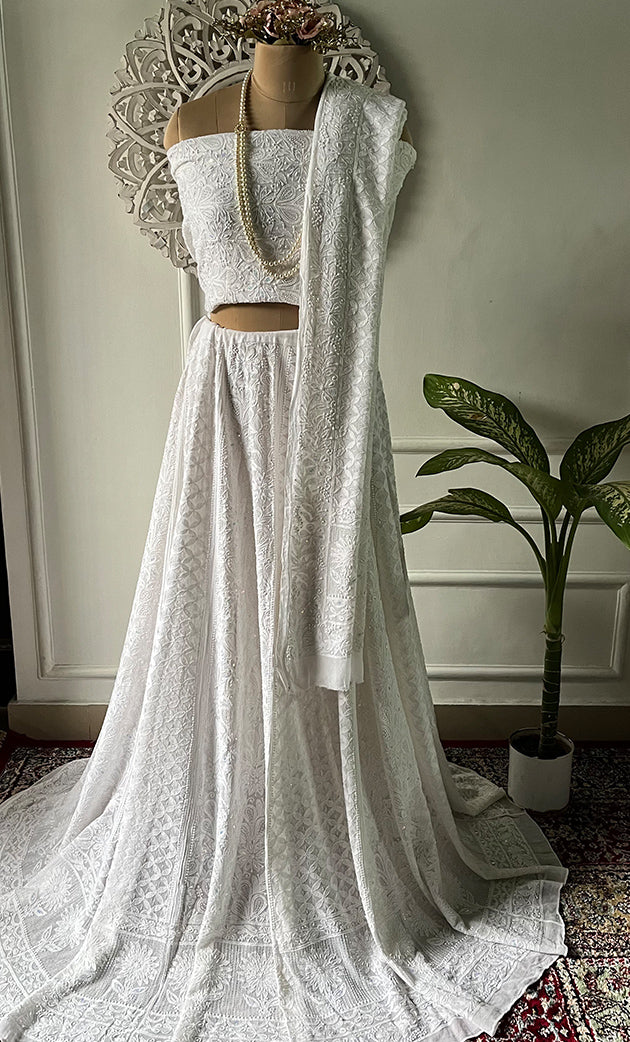 Women's Lakhnavi Handcrafted Bridal Viscose Georgette Chikankari Lehenga Set - HONC0242217