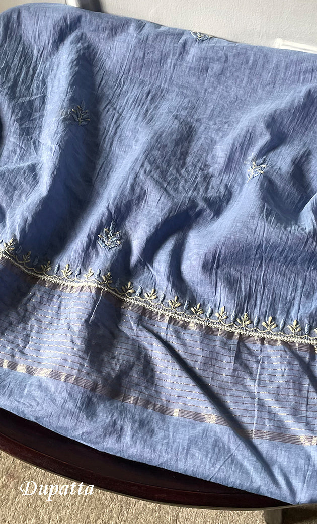 Women's Lakhnavi Handcrafted Mul Chanderi Unstitched Chikankari Full Suit Material - HONC0323587