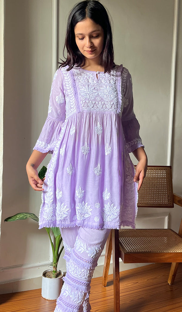 Mishika Women's Lakhnavi Handcrafted Cotton Chikankari Kurta And Palazzo Set - HONC0293826