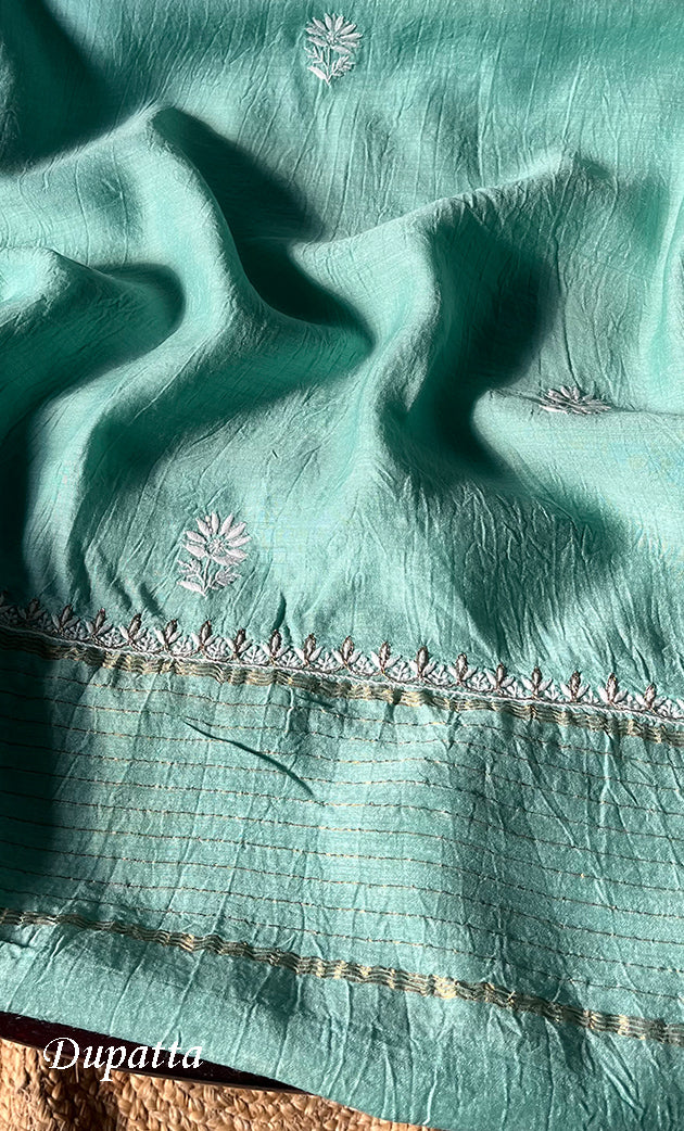 Women's Lakhnavi Handcrafted Munga Silk Chikankari Kurta And Dupatta Set- HONC0282384