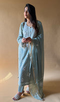 Women's Lucknowi Handcrafted Mul Chanderi Stitched Chikankari Kurta Dupatta With pant Set- HONC0353063