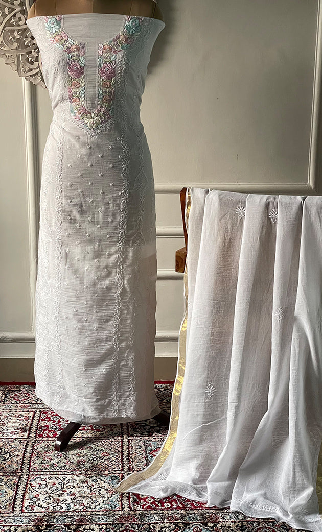 Women's Lakhnavi Handcrafted Unstitched Cotton Chikankari Kurta Dupatta Set - HONC0326100