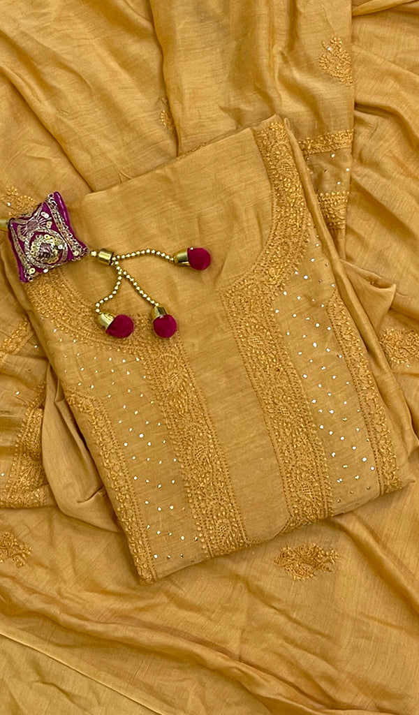 Lucknowi Handcrafted Muslin Chikankari Suit Material - HONC0129622