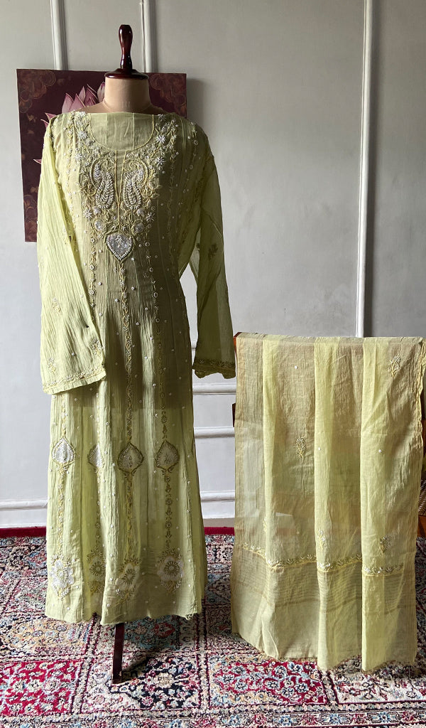 Women's Lakhnavi Handcrafted Mul Chanderi Semi - stitched Chikankari Full Suit Material - HONC0371980