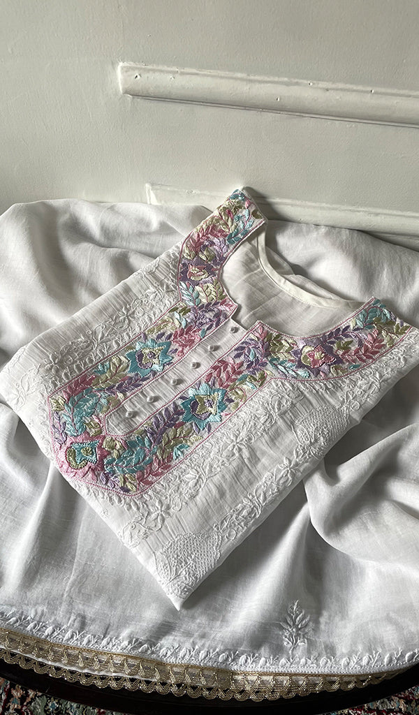 Women's Lakhnavi Handcrafted Cotton Semi -Stitched Kurta And Dupatta Set - HONC0326108