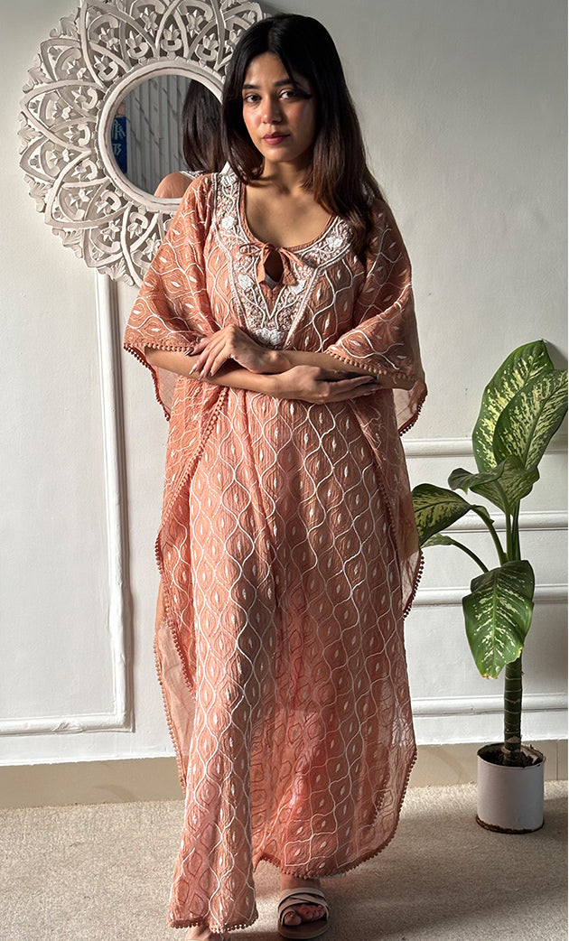 Rabia Women's Lucknowi Handcrafted Mul chanderi Chikankari Kaftan - HONC0326228
